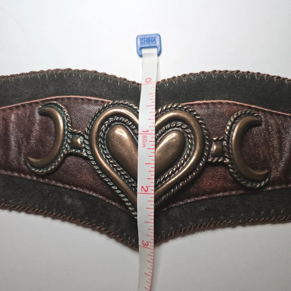 Vintage 90s Suede Corset Belt Brown Leather Heart Crescent Moon Waist Cinch M L
